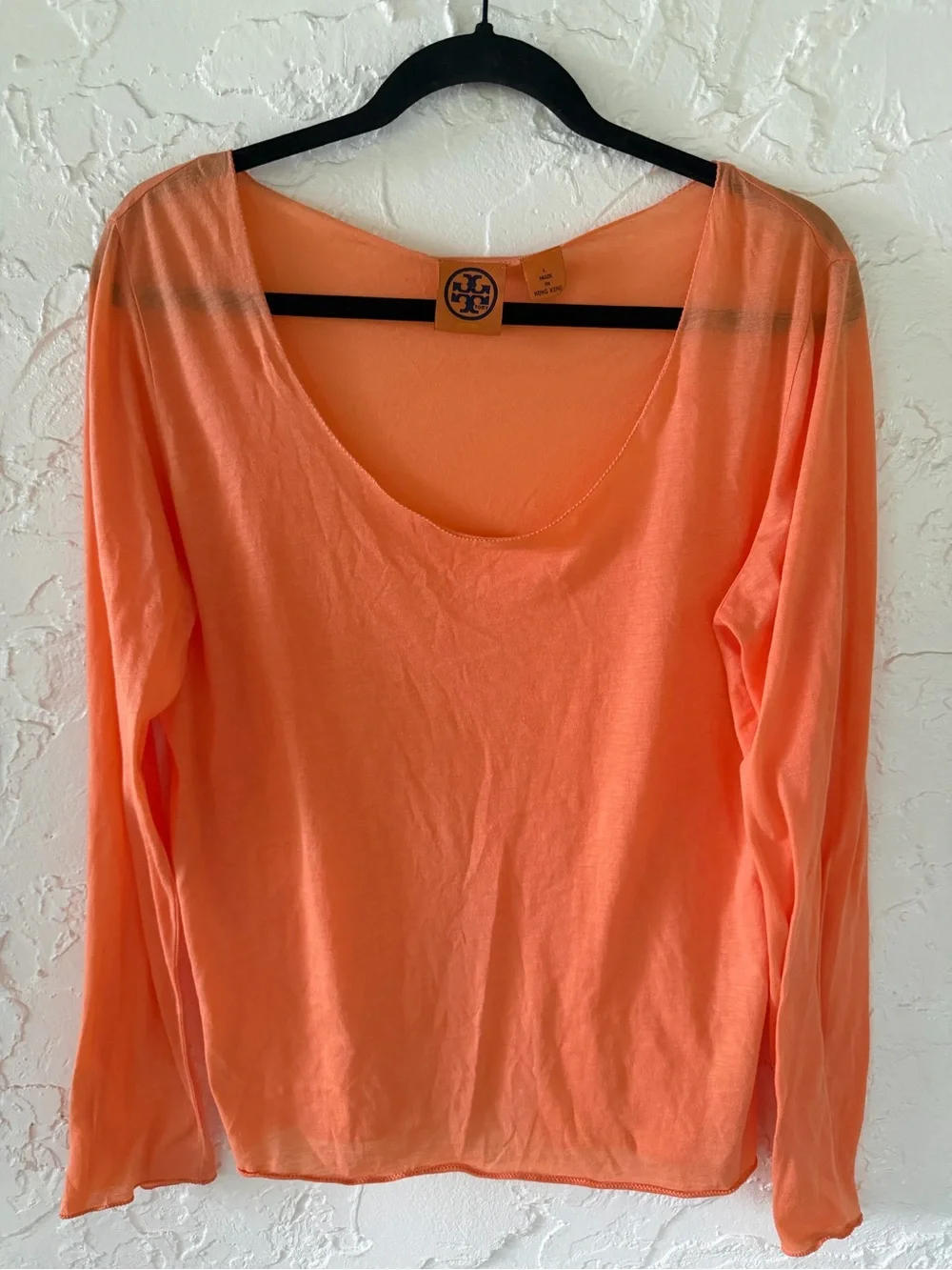 Tory Burch Lightweight Long-Sleeve Boatneck Top in Peach Orange